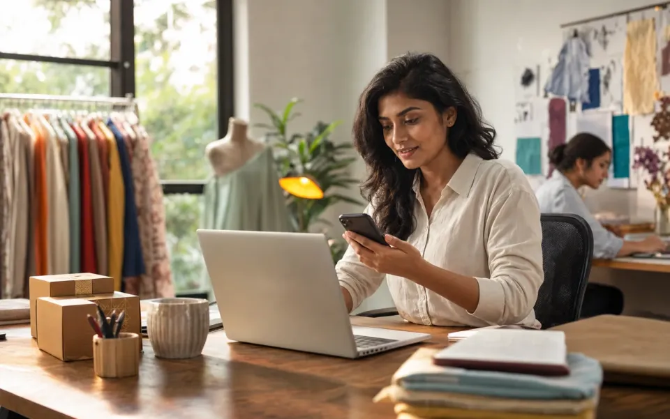 Indian business founder managing customer conversations from her boutique workspace
