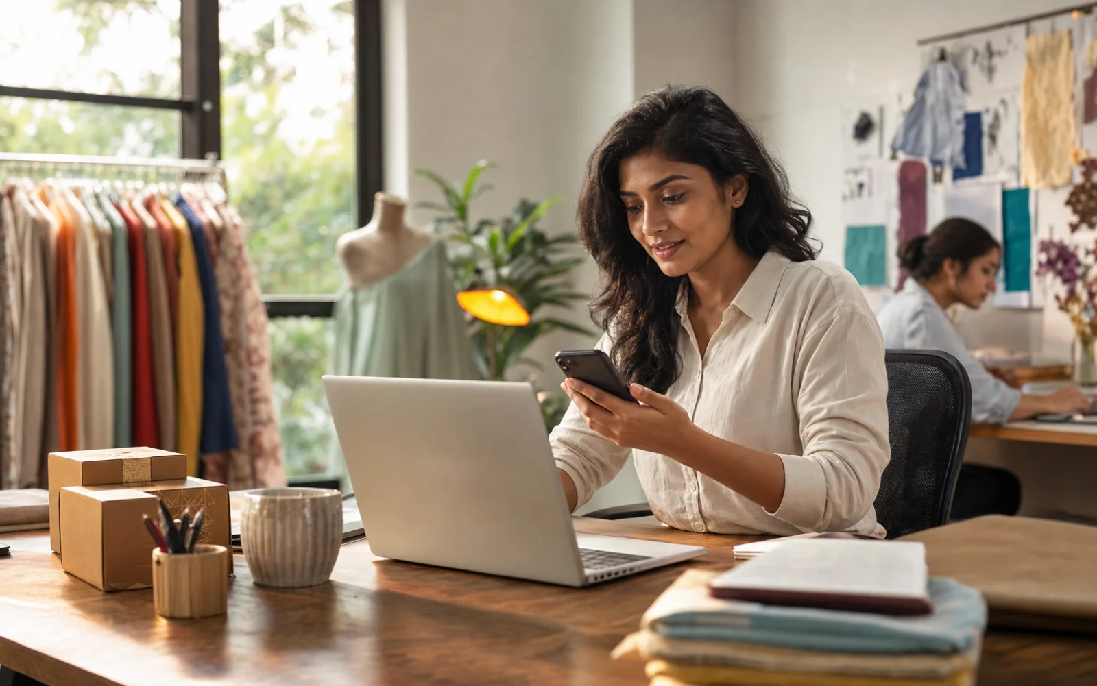 Indian business founder managing customer conversations from her boutique workspace